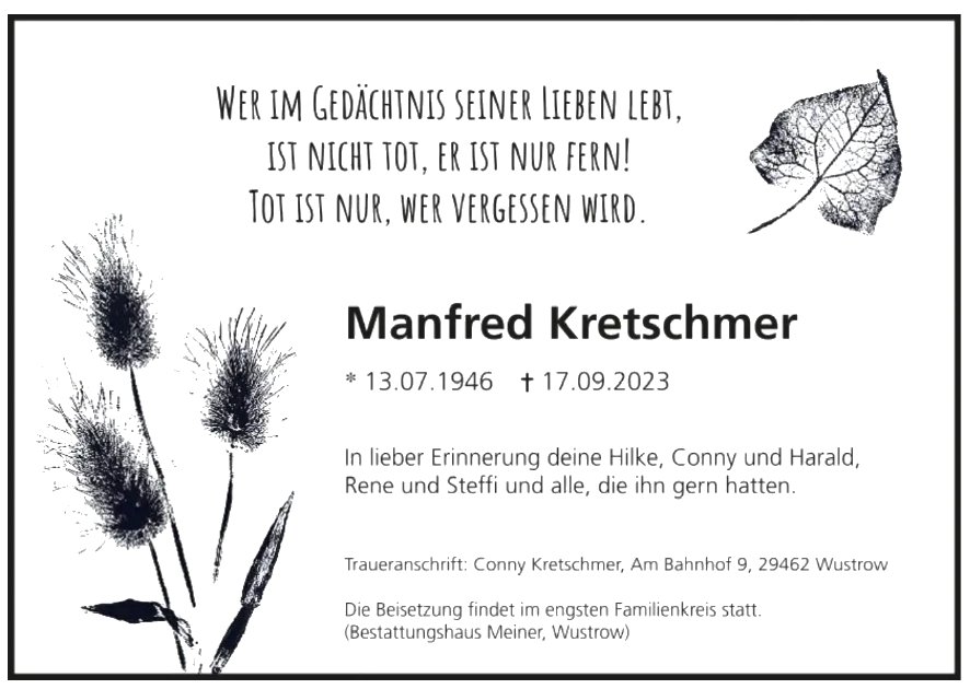 Traueranzeige Manfred Kretschmer